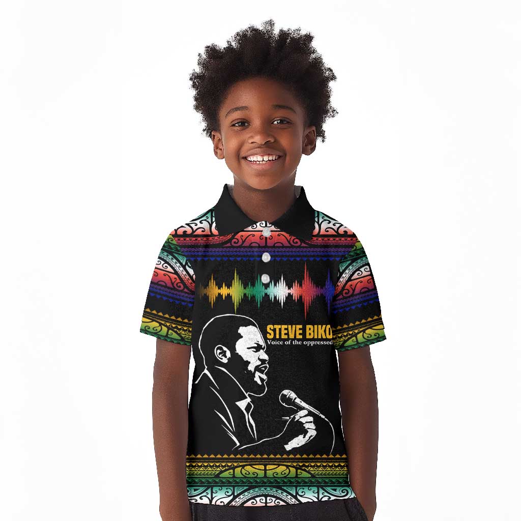 Steve Biko Kid Polo Shirt with Microphone Portrait, Black Consciousness Quote and Vibrant Ethnic Wave - African Pride