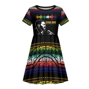Steve Biko Kid Short Sleeve Dress with Microphone Portrait, Black Consciousness Quote and Vibrant Ethnic Wave - African Pride