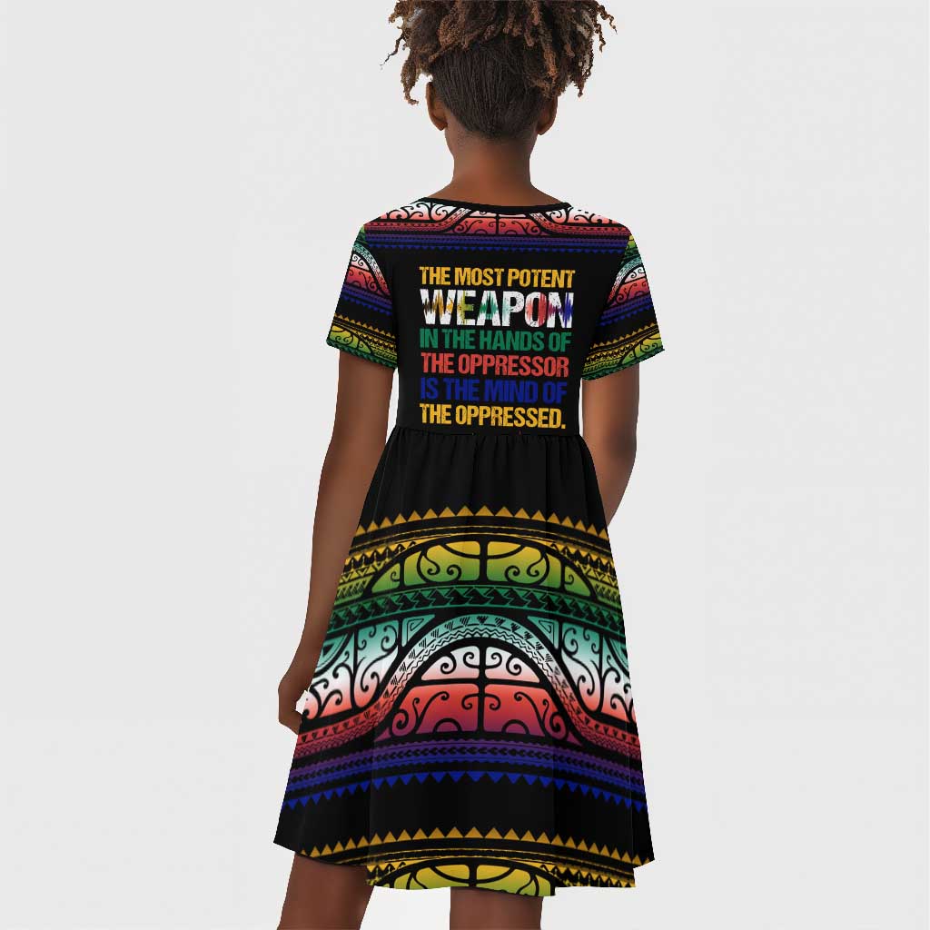 Steve Biko Kid Short Sleeve Dress with Microphone Portrait, Black Consciousness Quote and Vibrant Ethnic Wave - African Pride