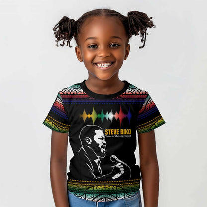 Steve Biko Kid T shirt with Microphone Portrait, Black Consciousness Quote and Vibrant Ethnic Wave - African Pride