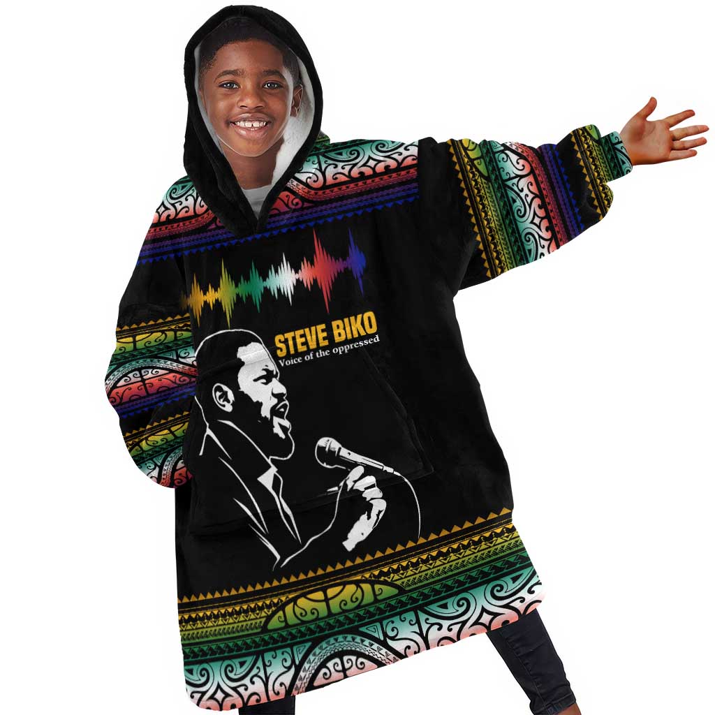 Steve Biko Kid Wearable Blanket Hoodie with Microphone Portrait, Black Consciousness Quote and Vibrant Ethnic Wave - African Pride
