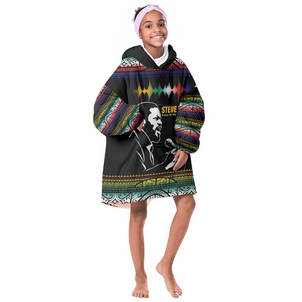 Steve Biko Kid Wearable Blanket Hoodie with Microphone Portrait, Black Consciousness Quote and Vibrant Ethnic Wave - African Pride
