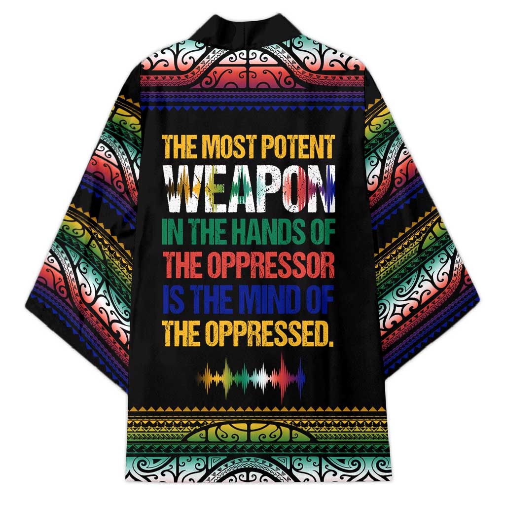 Steve Biko Kimono with Microphone Portrait, Black Consciousness Quote and Vibrant Ethnic Wave - African Pride