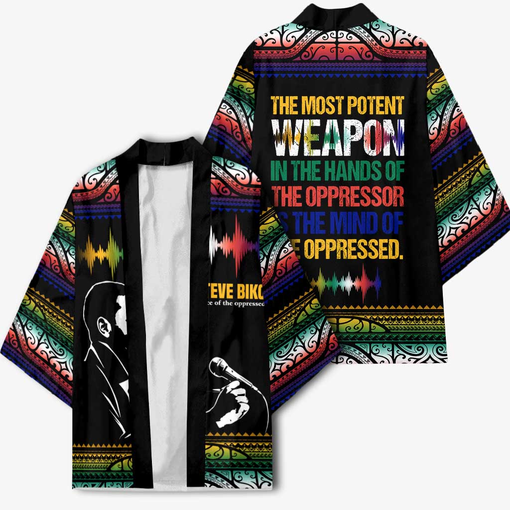 Steve Biko Kimono with Microphone Portrait, Black Consciousness Quote and Vibrant Ethnic Wave - African Pride