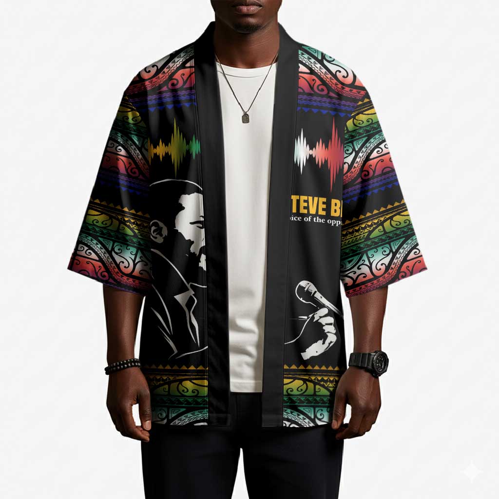 Steve Biko Kimono with Microphone Portrait, Black Consciousness Quote and Vibrant Ethnic Wave - African Pride