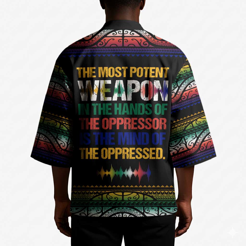 Steve Biko Kimono with Microphone Portrait, Black Consciousness Quote and Vibrant Ethnic Wave - African Pride