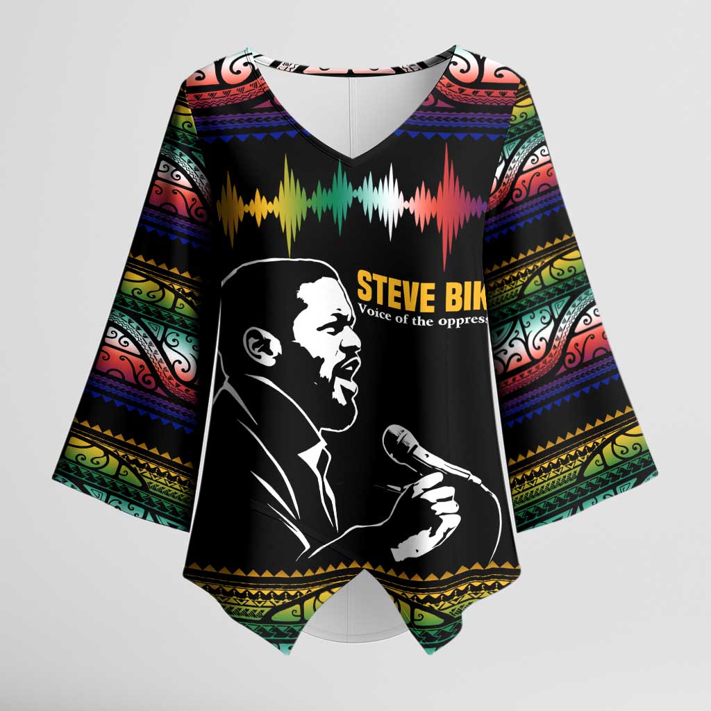 Steve Biko Kimono Sleeve Blouse with Microphone Portrait, Black Consciousness Quote and Vibrant Ethnic Wave - African Pride
