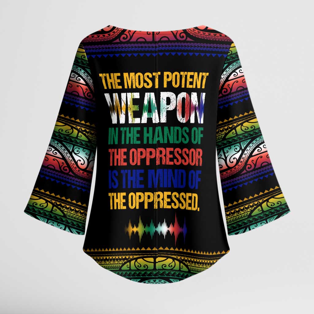 Steve Biko Kimono Sleeve Blouse with Microphone Portrait, Black Consciousness Quote and Vibrant Ethnic Wave - African Pride