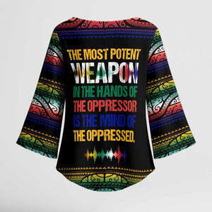 Steve Biko Kimono Sleeve Blouse with Microphone Portrait, Black Consciousness Quote and Vibrant Ethnic Wave - African Pride