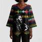 Steve Biko Kimono Sleeve Blouse with Microphone Portrait, Black Consciousness Quote and Vibrant Ethnic Wave - African Pride