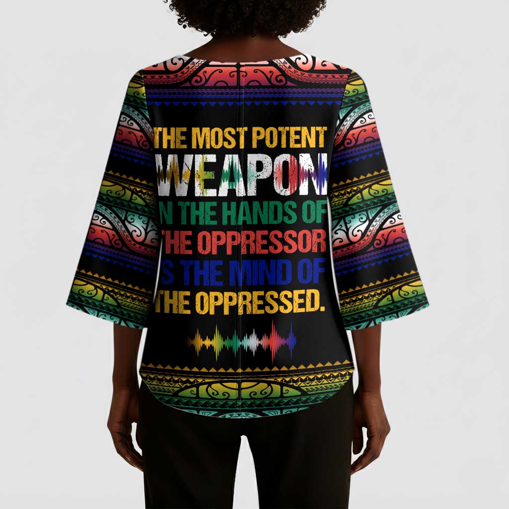 Steve Biko Kimono Sleeve Blouse with Microphone Portrait, Black Consciousness Quote and Vibrant Ethnic Wave - African Pride