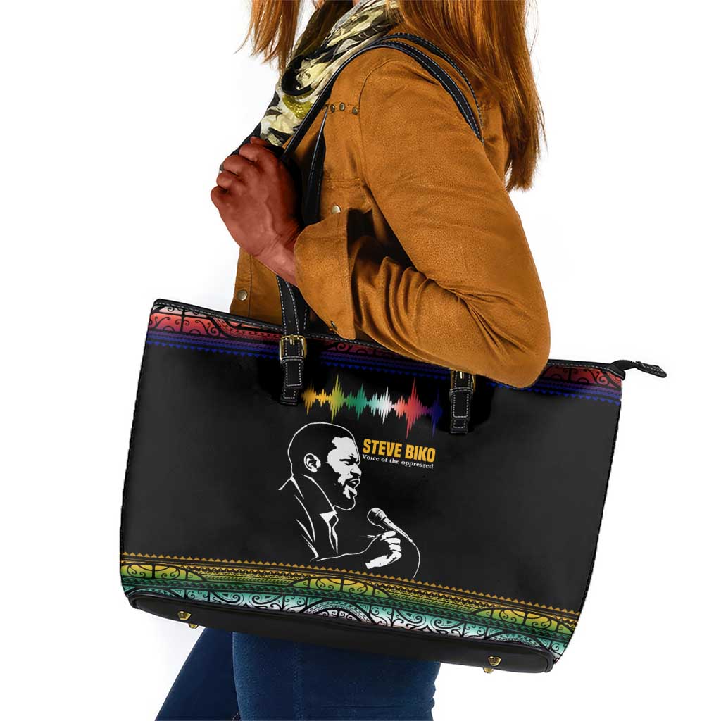Steve Biko Leather Tote Bag with Microphone Portrait, Black Consciousness Quote and Vibrant Ethnic Wave - African Pride