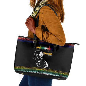 Steve Biko Leather Tote Bag with Microphone Portrait, Black Consciousness Quote and Vibrant Ethnic Wave - African Pride