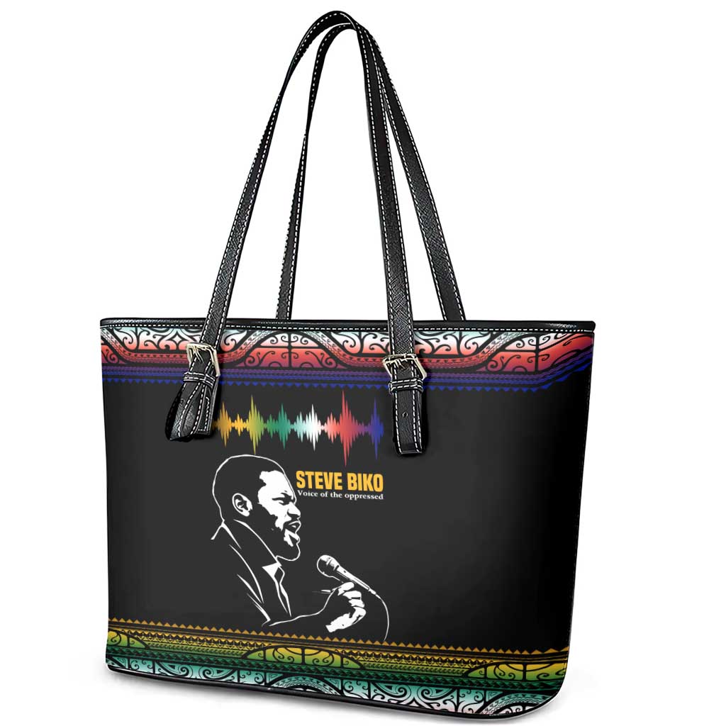 Steve Biko Leather Tote Bag with Microphone Portrait, Black Consciousness Quote and Vibrant Ethnic Wave - African Pride