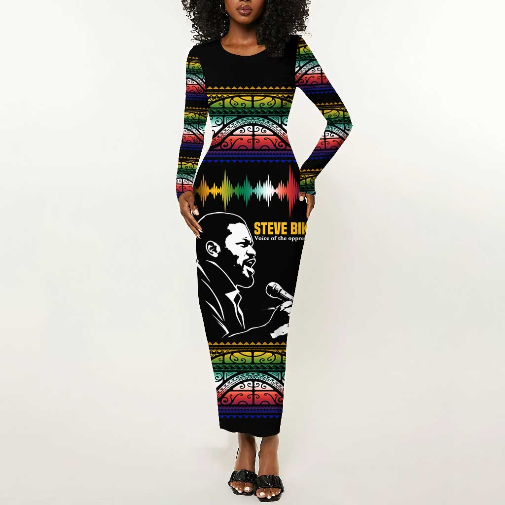 Steve Biko Long Sleeve Bodycon Dress with Microphone Portrait, Black Consciousness Quote and Vibrant Ethnic Wave - African Pride