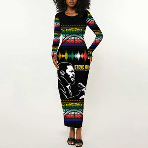Steve Biko Long Sleeve Bodycon Dress with Microphone Portrait, Black Consciousness Quote and Vibrant Ethnic Wave - African Pride