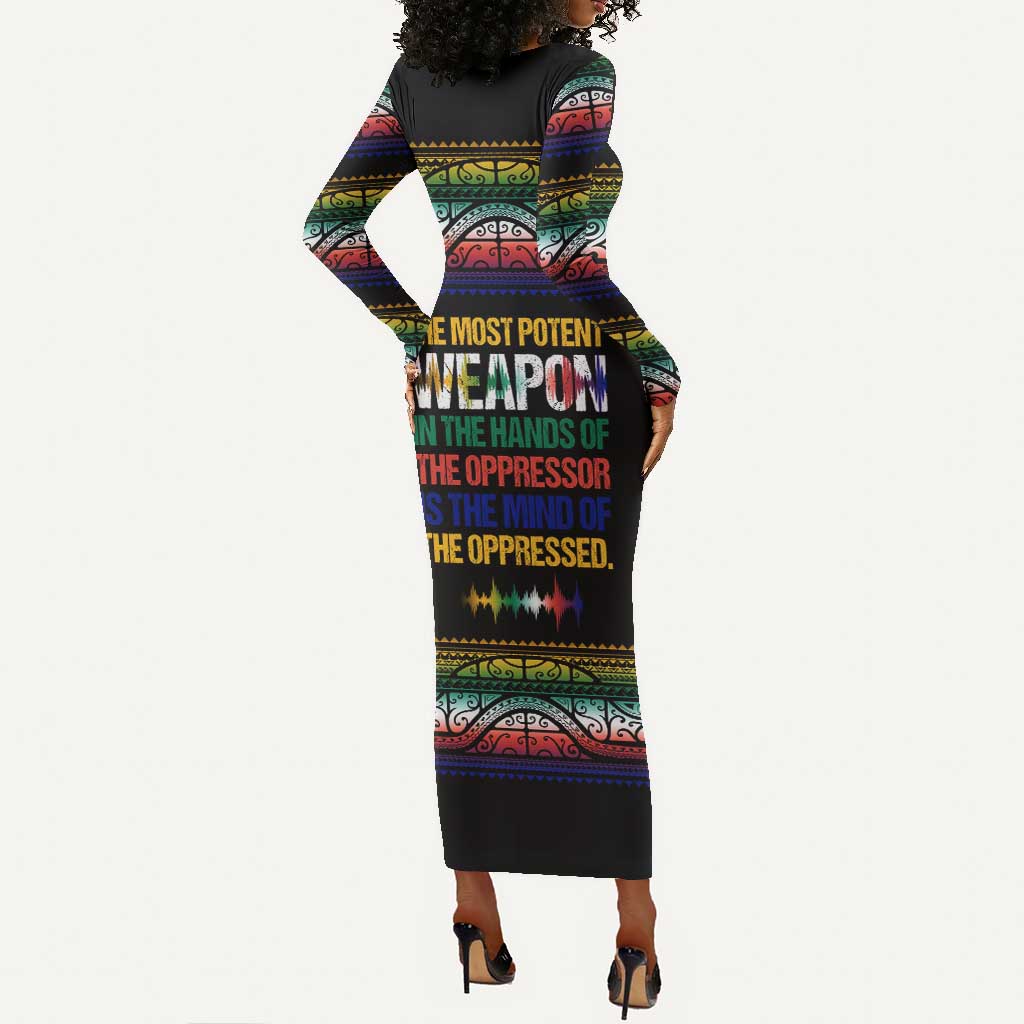 Steve Biko Long Sleeve Bodycon Dress with Microphone Portrait, Black Consciousness Quote and Vibrant Ethnic Wave - African Pride