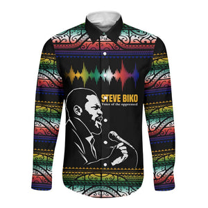 Steve Biko Long Sleeve Button Shirt with Microphone Portrait, Black Consciousness Quote and Vibrant Ethnic Wave - African Pride
