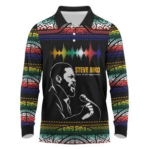 Steve Biko Long Sleeve Polo Shirt with Microphone Portrait, Black Consciousness Quote and Vibrant Ethnic Wave - African Pride