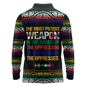 Steve Biko Long Sleeve Polo Shirt with Microphone Portrait, Black Consciousness Quote and Vibrant Ethnic Wave - African Pride
