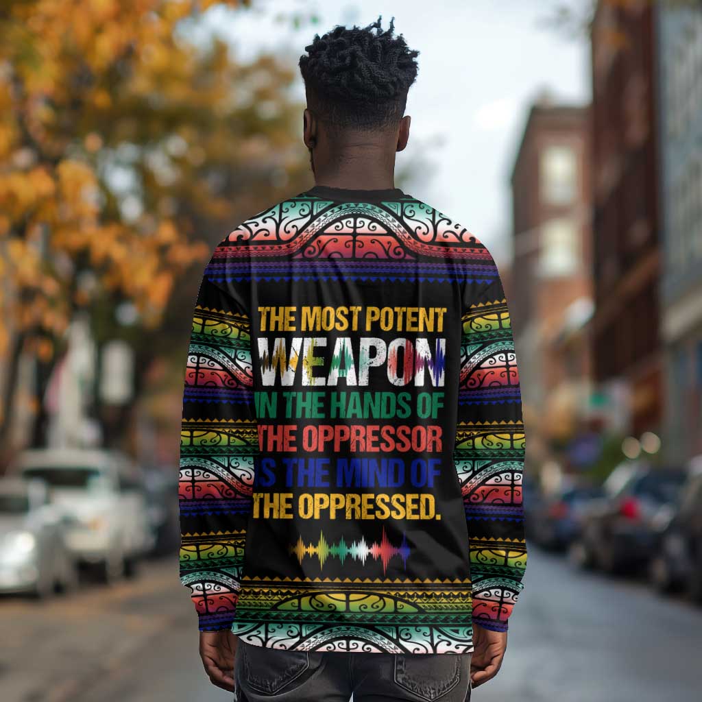 Steve Biko Long Sleeve Shirt with Microphone Portrait, Black Consciousness Quote and Vibrant Ethnic Wave - African Pride