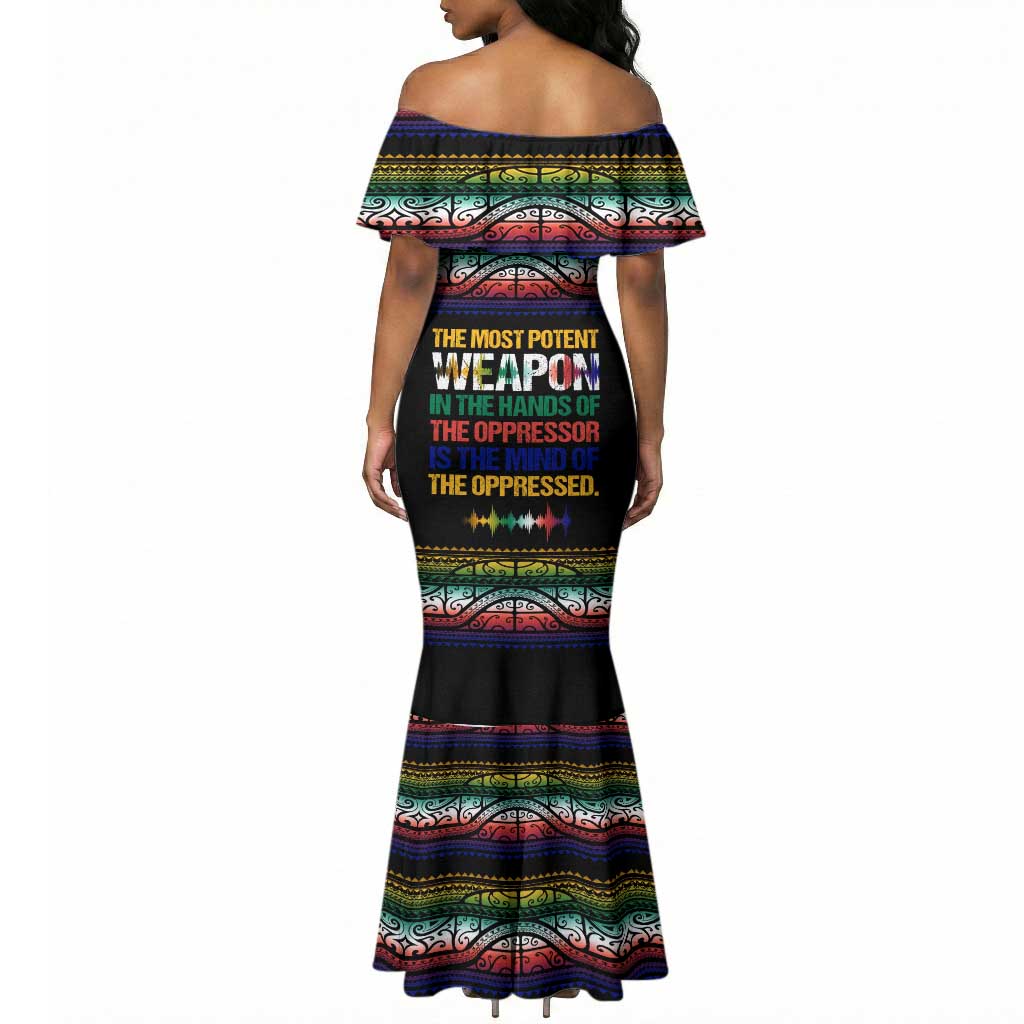 Steve Biko Mermaid Dress with Microphone Portrait, Black Consciousness Quote and Vibrant Ethnic Wave - African Pride