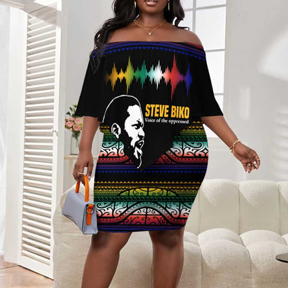 Steve Biko Off Shoulder Short Dress with Microphone Portrait, Black Consciousness Quote and Vibrant Ethnic Wave - African Pride