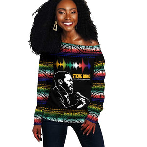 Steve Biko Off Shoulder Sweater with Microphone Portrait, Black Consciousness Quote and Vibrant Ethnic Wave - African Pride