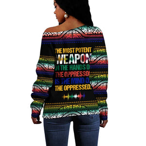 Steve Biko Off Shoulder Sweater with Microphone Portrait, Black Consciousness Quote and Vibrant Ethnic Wave - African Pride