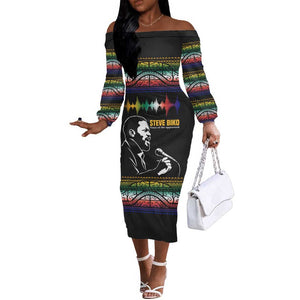Steve Biko Off The Shoulder Long Sleeve Dress with Microphone Portrait, Black Consciousness Quote and Vibrant Ethnic Wave - African Pride