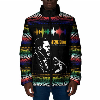 Steve Biko Padded Jacket with Microphone Portrait, Black Consciousness Quote and Vibrant Ethnic Wave - African Pride