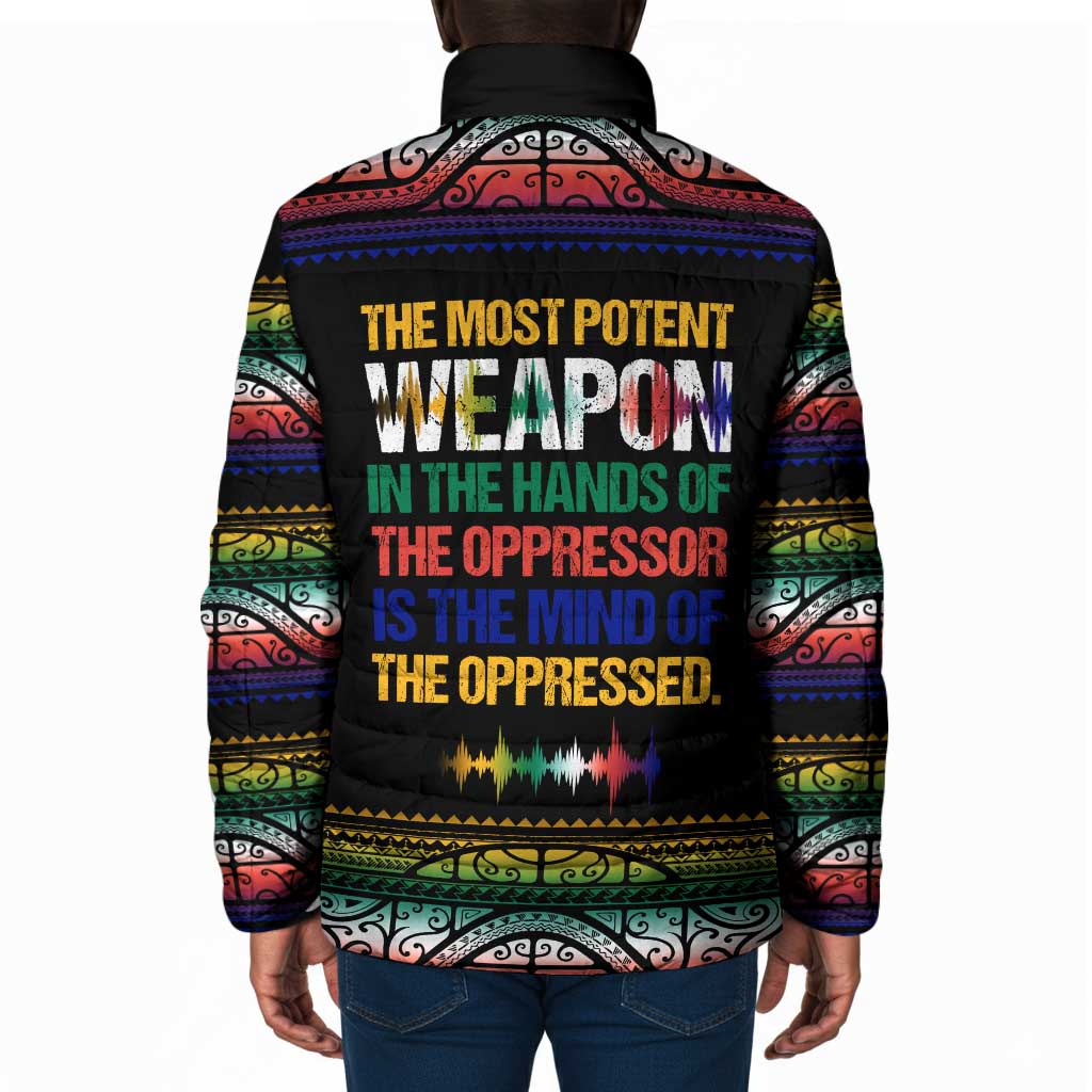 Steve Biko Padded Jacket with Microphone Portrait, Black Consciousness Quote and Vibrant Ethnic Wave - African Pride