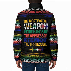Steve Biko Padded Jacket with Microphone Portrait, Black Consciousness Quote and Vibrant Ethnic Wave - African Pride