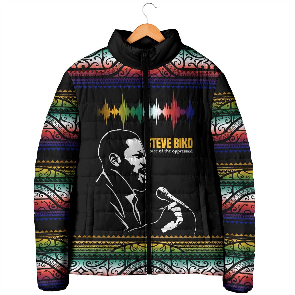 Steve Biko Padded Jacket with Microphone Portrait, Black Consciousness Quote and Vibrant Ethnic Wave - African Pride
