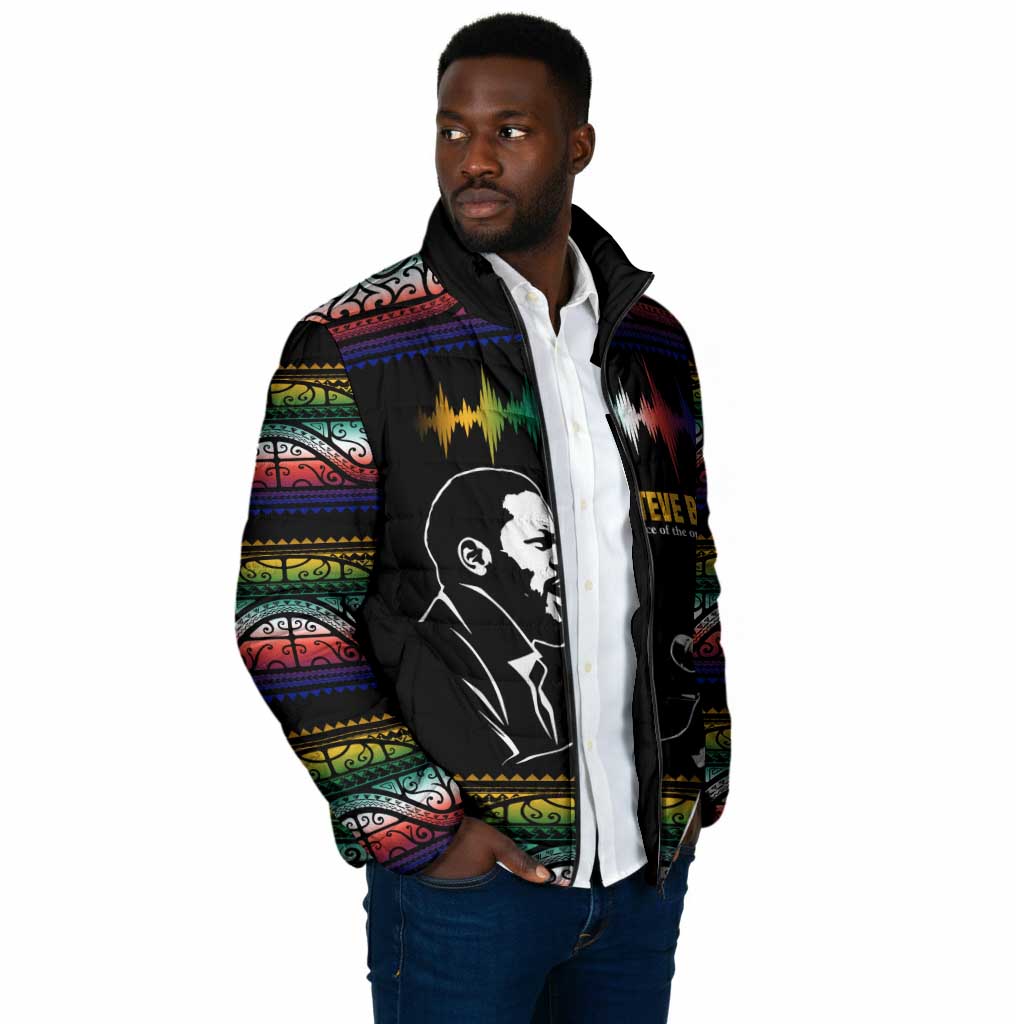 Steve Biko Padded Jacket with Microphone Portrait, Black Consciousness Quote and Vibrant Ethnic Wave - African Pride