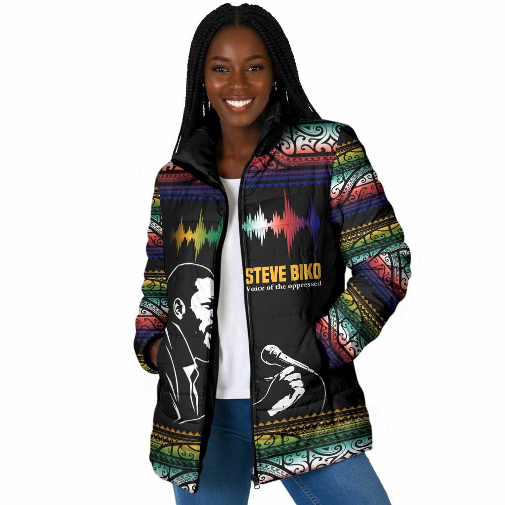 Steve Biko Padded Jacket with Microphone Portrait, Black Consciousness Quote and Vibrant Ethnic Wave - African Pride