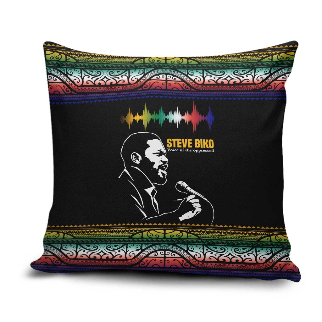 Steve Biko Pillow Cover with Microphone Portrait, Black Consciousness Quote and Vibrant Ethnic Wave - African Pride