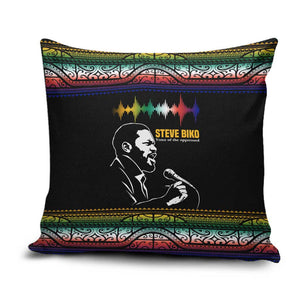 Steve Biko Pillow Cover with Microphone Portrait, Black Consciousness Quote and Vibrant Ethnic Wave - African Pride