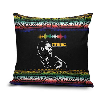 Steve Biko Pillow Cover with Microphone Portrait, Black Consciousness Quote and Vibrant Ethnic Wave - African Pride