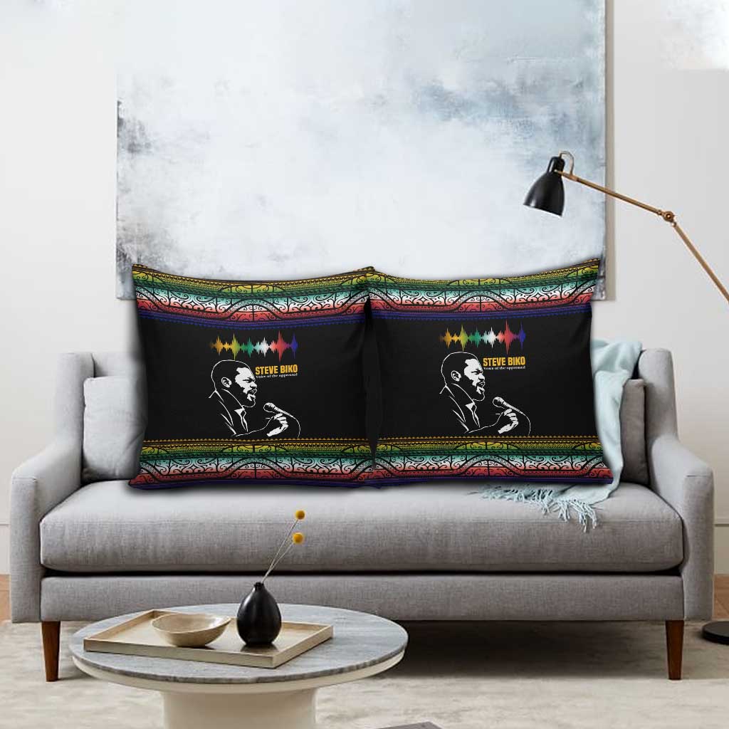 Steve Biko Pillow Cover with Microphone Portrait, Black Consciousness Quote and Vibrant Ethnic Wave - African Pride
