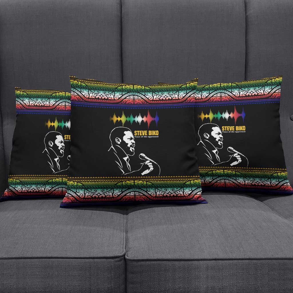 Steve Biko Pillow Cover with Microphone Portrait, Black Consciousness Quote and Vibrant Ethnic Wave - African Pride
