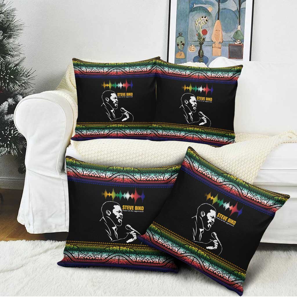 Steve Biko Pillow Cover with Microphone Portrait, Black Consciousness Quote and Vibrant Ethnic Wave - African Pride