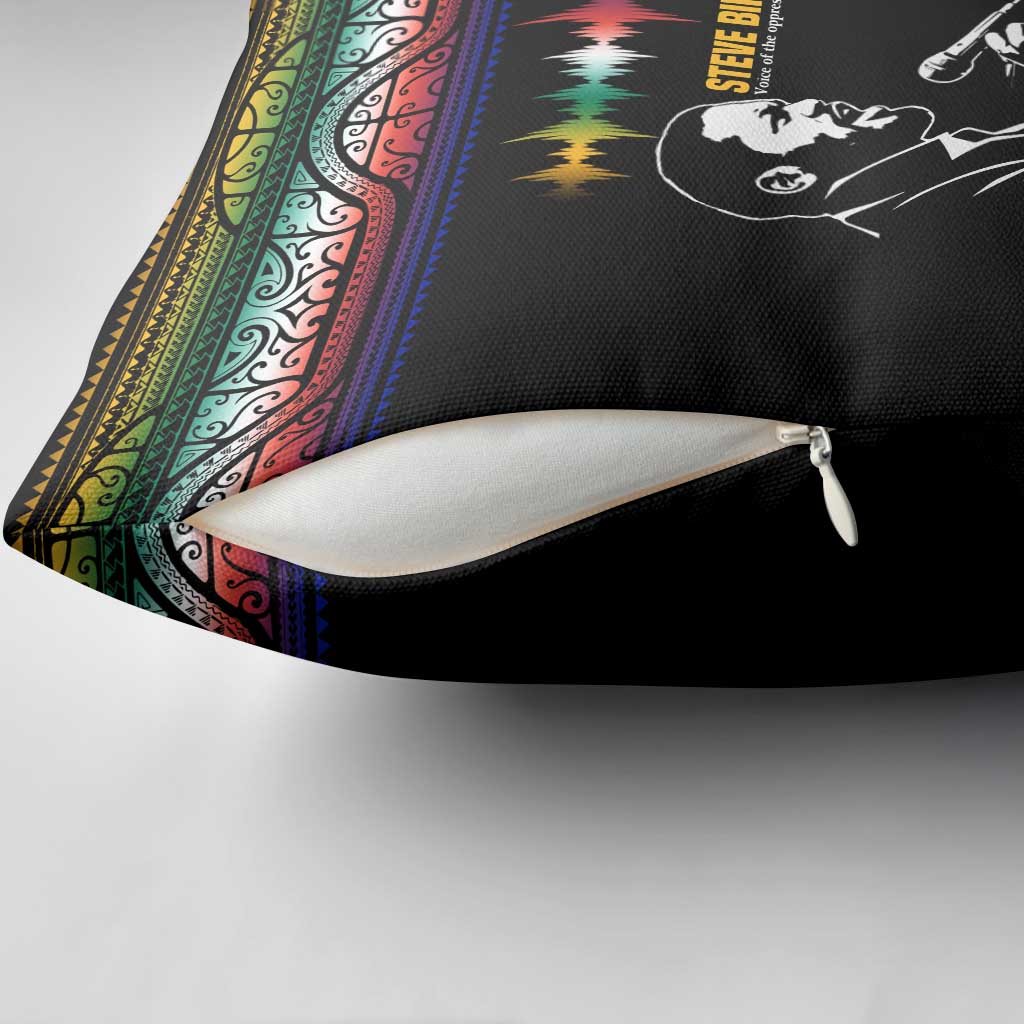 Steve Biko Pillow Cover with Microphone Portrait, Black Consciousness Quote and Vibrant Ethnic Wave - African Pride