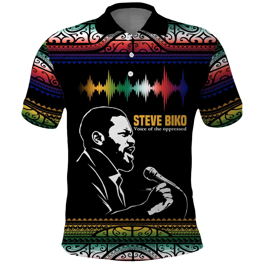 Steve Biko Polo Shirt with Microphone Portrait, Black Consciousness Quote and Vibrant Ethnic Wave - African Pride