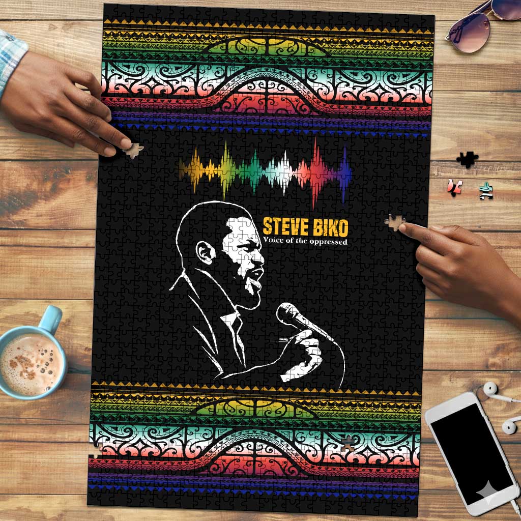 Steve Biko Puzzle with Microphone Portrait, Black Consciousness Quote and Vibrant Ethnic Wave - African Pride