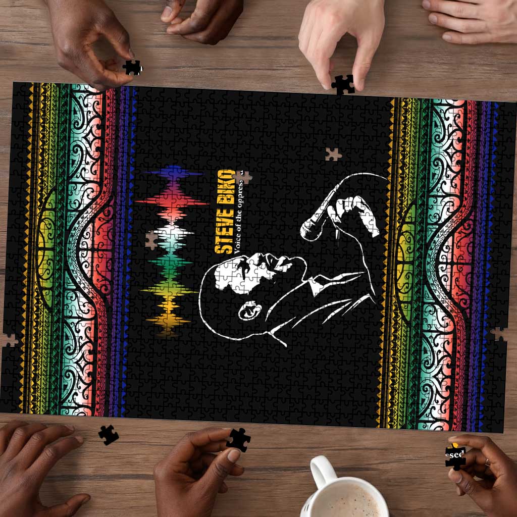 Steve Biko Puzzle with Microphone Portrait, Black Consciousness Quote and Vibrant Ethnic Wave - African Pride