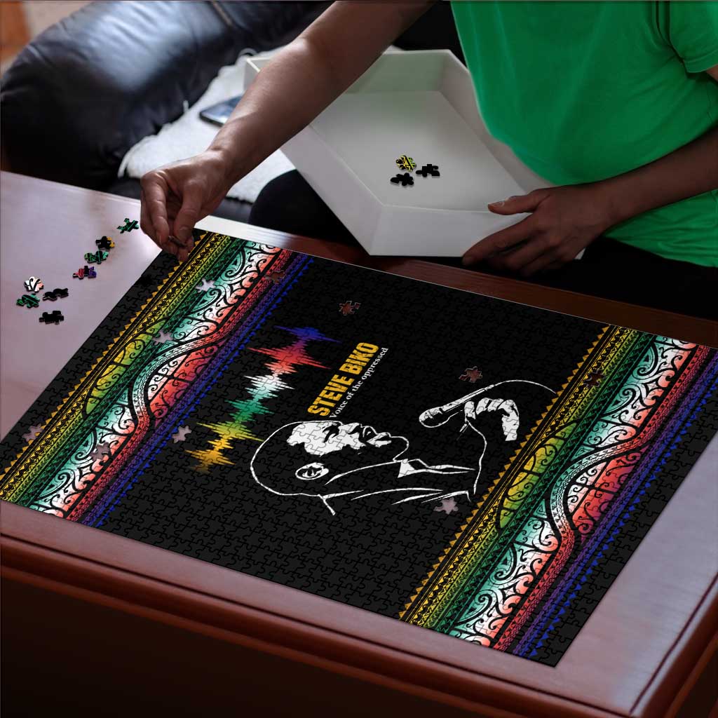 Steve Biko Puzzle with Microphone Portrait, Black Consciousness Quote and Vibrant Ethnic Wave - African Pride