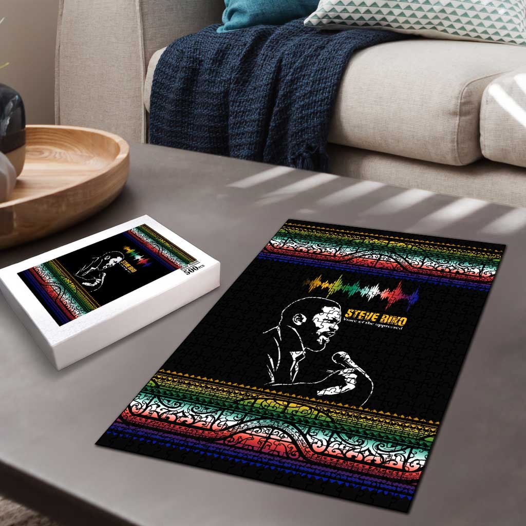 Steve Biko Puzzle with Microphone Portrait, Black Consciousness Quote and Vibrant Ethnic Wave - African Pride
