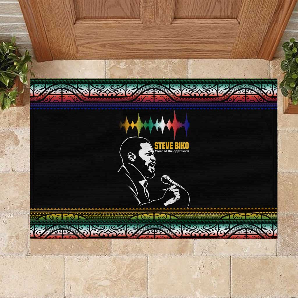 Steve Biko Rubber Doormat with Microphone Portrait, Black Consciousness Quote and Vibrant Ethnic Wave - African Pride