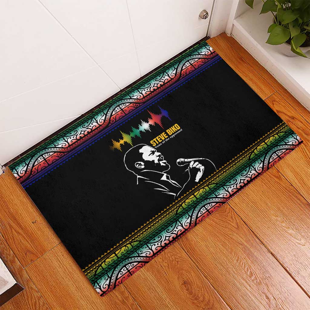 Steve Biko Rubber Doormat with Microphone Portrait, Black Consciousness Quote and Vibrant Ethnic Wave - African Pride